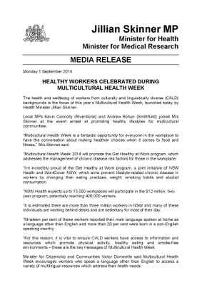 Press Release Multicultural Health Week 2014 - Health Minister Jillian Skinner 